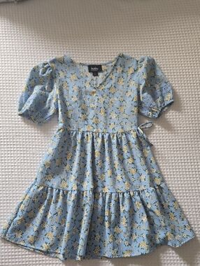 Light Blue Yellow Floral Puff-Sleeve Kids Dress
